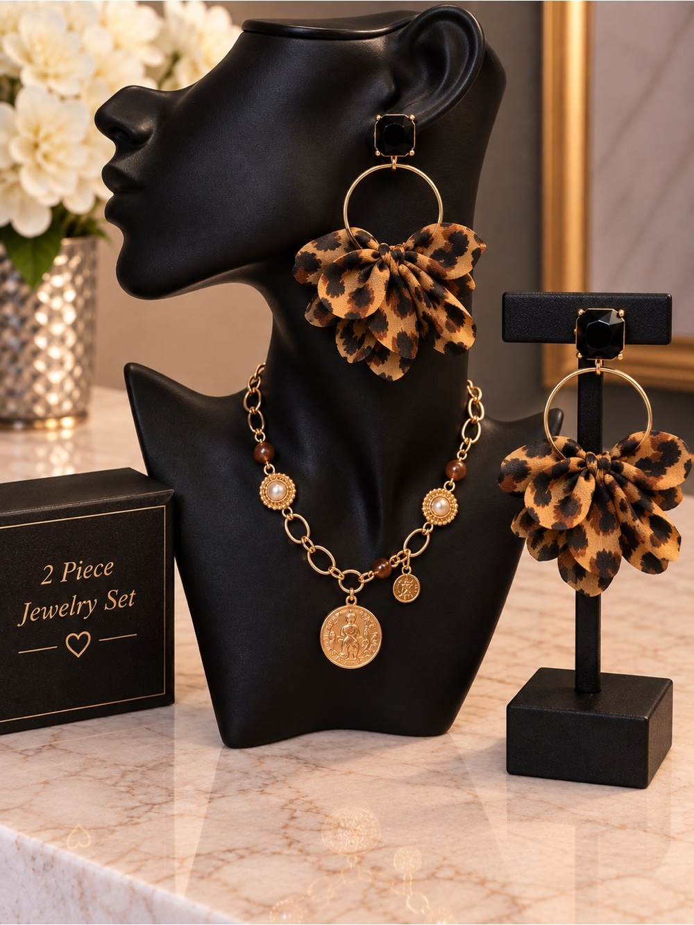 Gold Coin Necklace and Leopard Floral Hoop Earrings - Women Jewelry NEW IN BOX